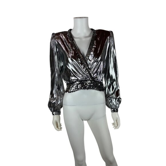 Vintage Tops - Vintage 70s Disco Shirt Womens Medium Silver Metallic Surplice Wrap Sequin Eveni